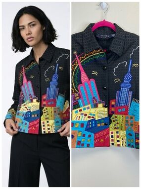 Embroidered Rainbow Cityscape Jacket Size S Artsy Colorful Maximalist Dopamine